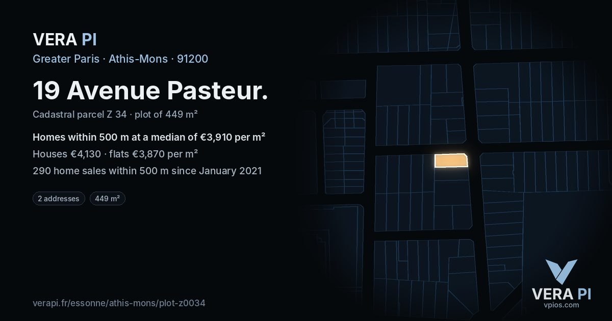 19 Avenue Pasteur, Athis-Mons at night – the plot lit, the parcels around coloured by the prices near them