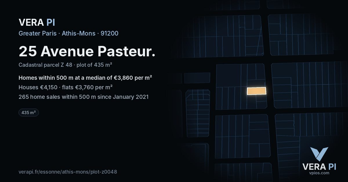 25 Avenue Pasteur, Athis-Mons at night – the plot lit, the parcels around coloured by the prices near them