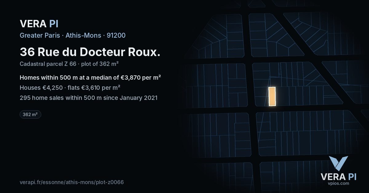 36 Rue du Docteur Roux, Athis-Mons at night – the plot lit, the parcels around coloured by the prices near them