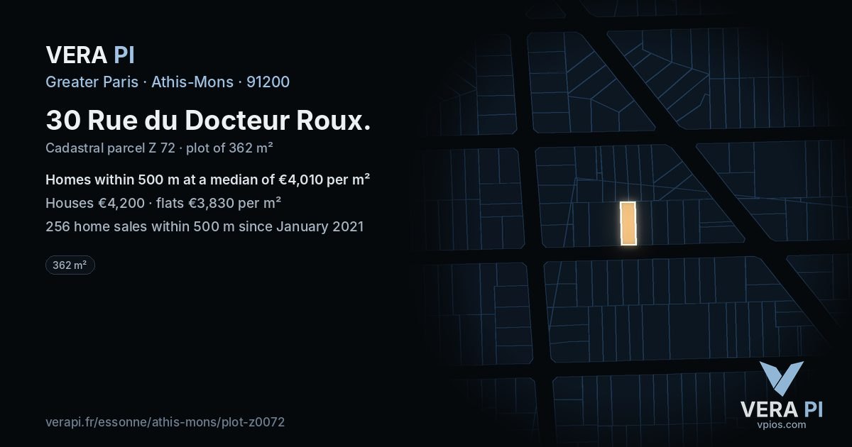 30 Rue du Docteur Roux, Athis-Mons at night – the plot lit, the parcels around coloured by the prices near them