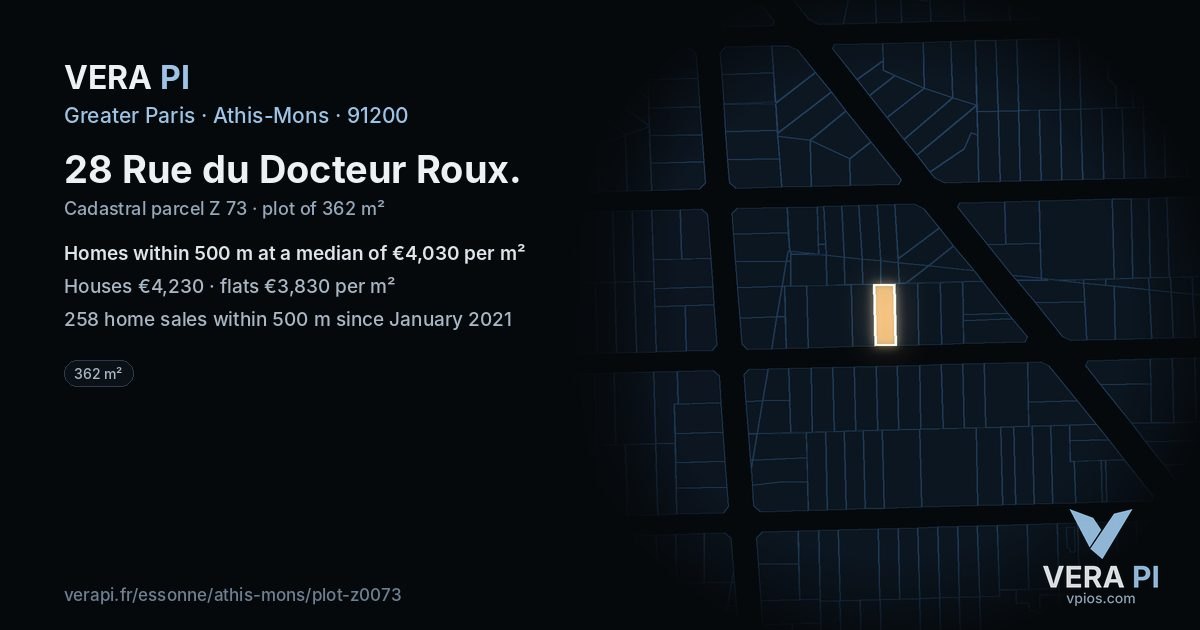 28 Rue du Docteur Roux, Athis-Mons at night – the plot lit, the parcels around coloured by the prices near them