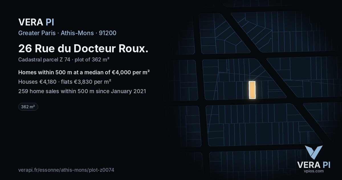 26 Rue du Docteur Roux, Athis-Mons at night – the plot lit, the parcels around coloured by the prices near them