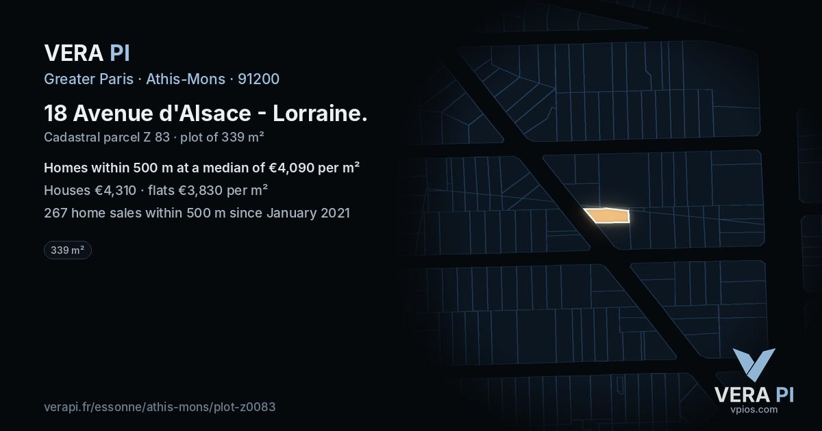 18 Avenue d'Alsace - Lorraine, Athis-Mons at night – the plot lit, the parcels around coloured by the prices near them