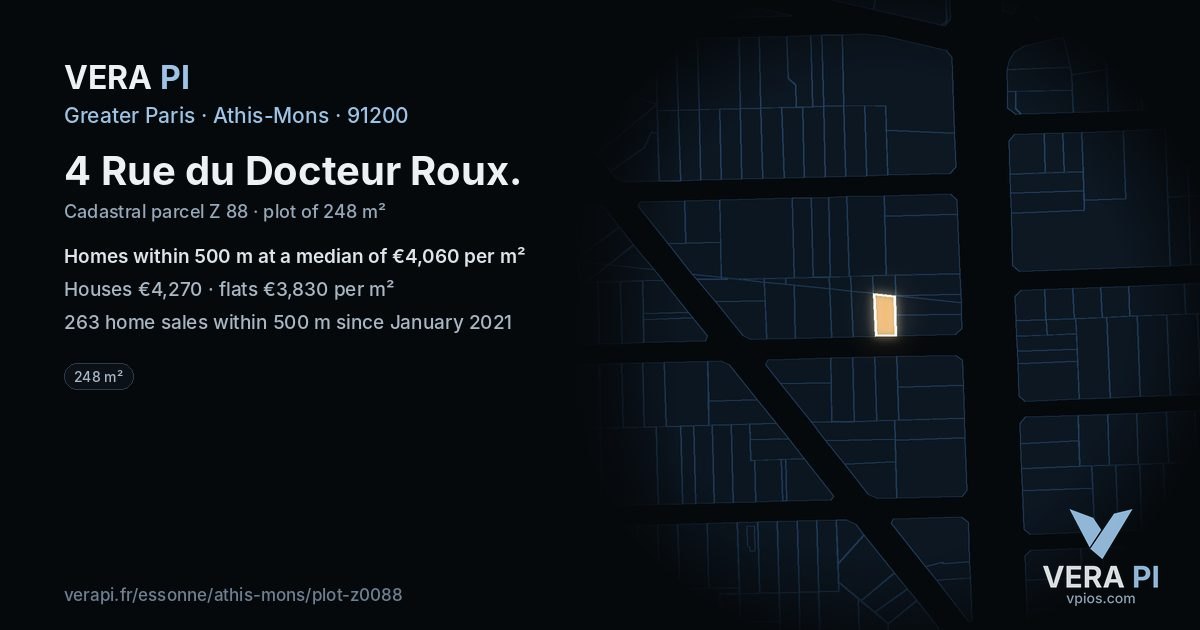4 Rue du Docteur Roux, Athis-Mons at night – the plot lit, the parcels around coloured by the prices near them