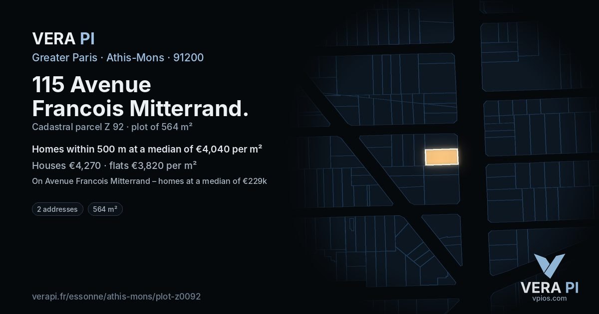 115 Avenue Francois Mitterrand, Athis-Mons at night – the plot lit, the parcels around coloured by the prices near them