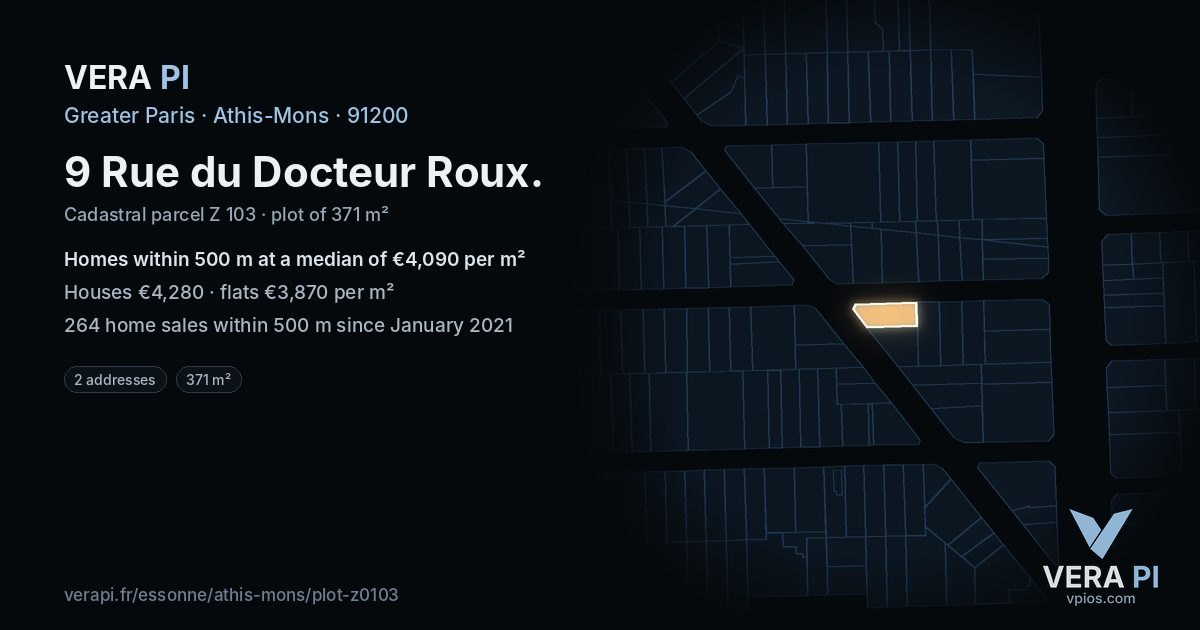 9 Rue du Docteur Roux, Athis-Mons at night – the plot lit, the parcels around coloured by the prices near them