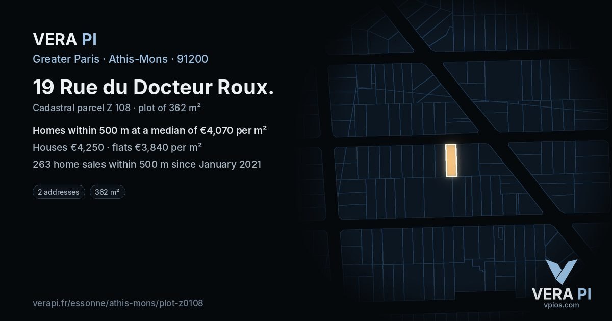 19 Rue du Docteur Roux, Athis-Mons at night – the plot lit, the parcels around coloured by the prices near them