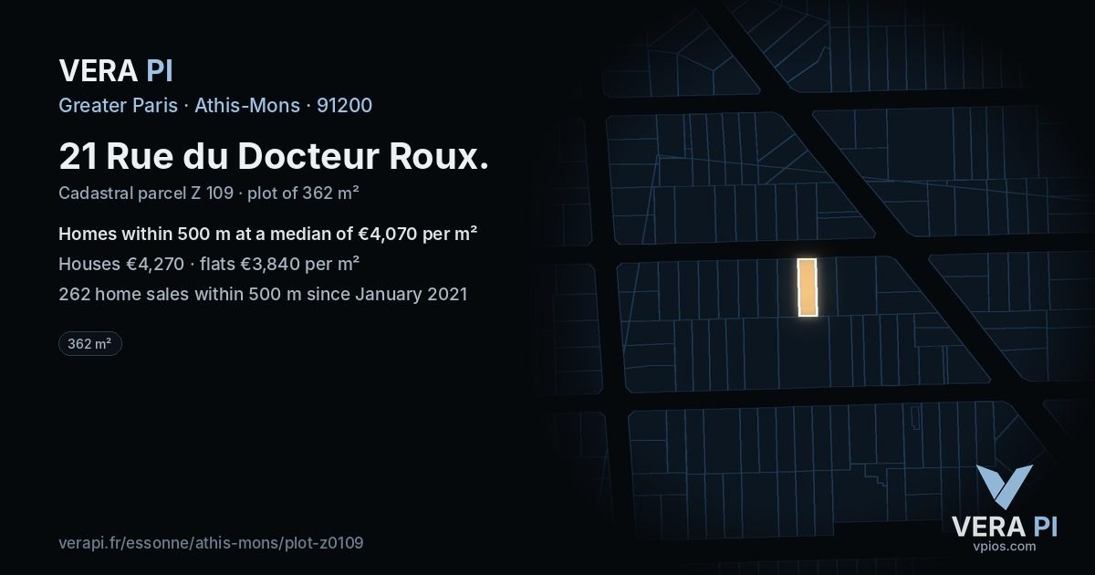 21 Rue du Docteur Roux, Athis-Mons at night – the plot lit, the parcels around coloured by the prices near them
