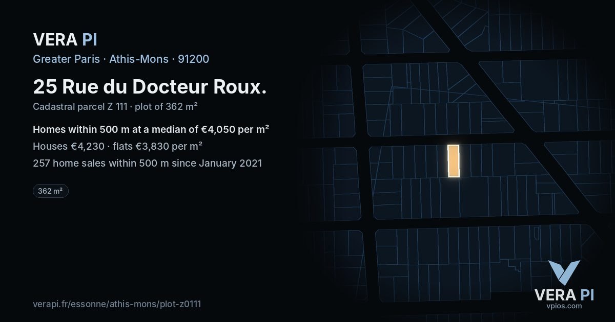25 Rue du Docteur Roux, Athis-Mons at night – the plot lit, the parcels around coloured by the prices near them