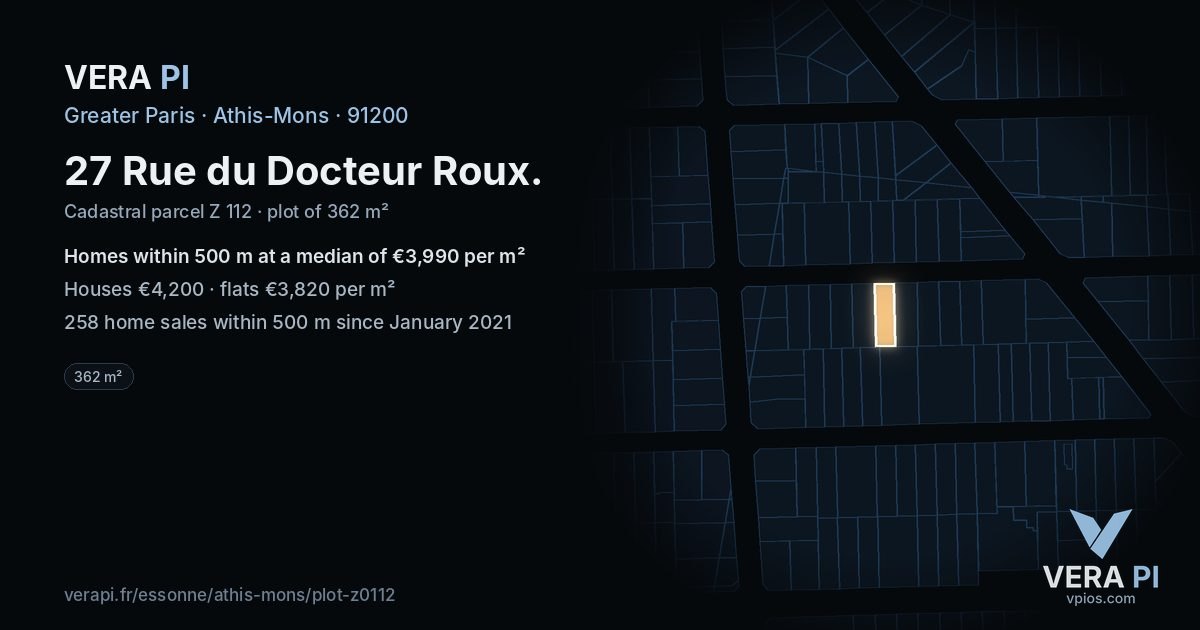27 Rue du Docteur Roux, Athis-Mons at night – the plot lit, the parcels around coloured by the prices near them