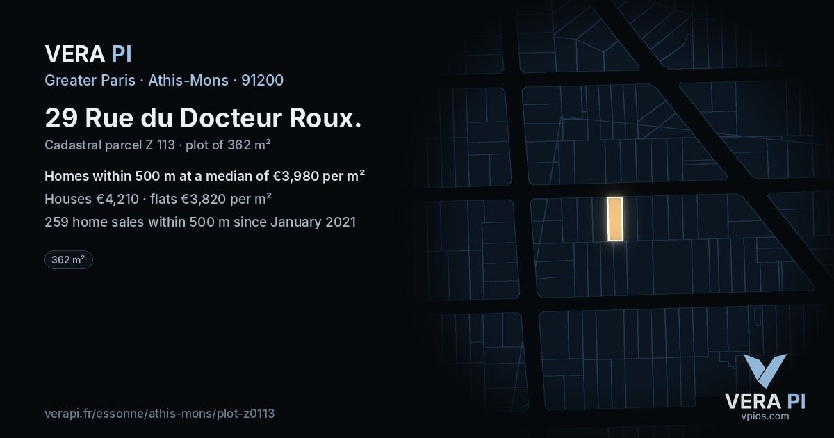 29 Rue du Docteur Roux, Athis-Mons at night – the plot lit, the parcels around coloured by the prices near them