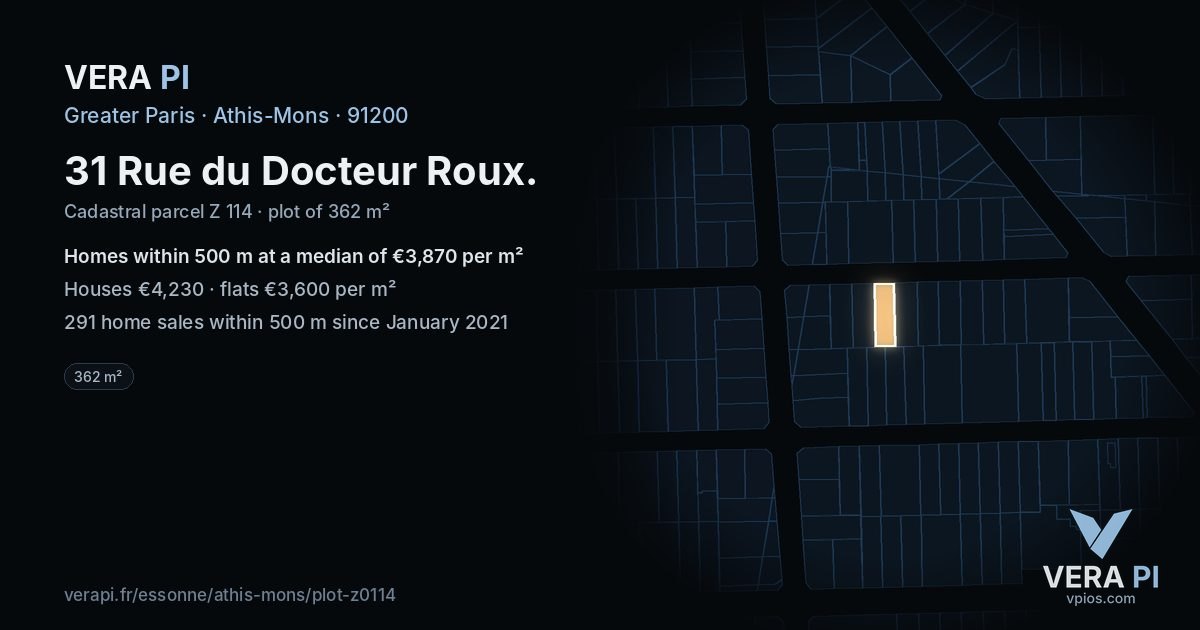 31 Rue du Docteur Roux, Athis-Mons at night – the plot lit, the parcels around coloured by the prices near them