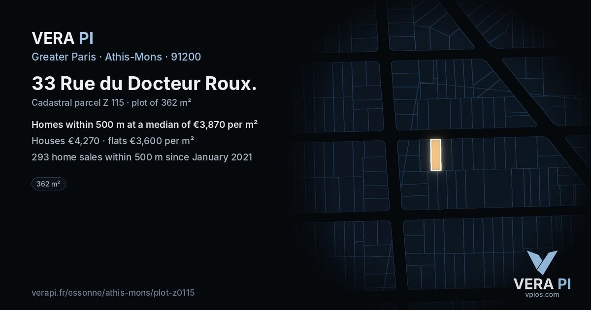 33 Rue du Docteur Roux, Athis-Mons at night – the plot lit, the parcels around coloured by the prices near them