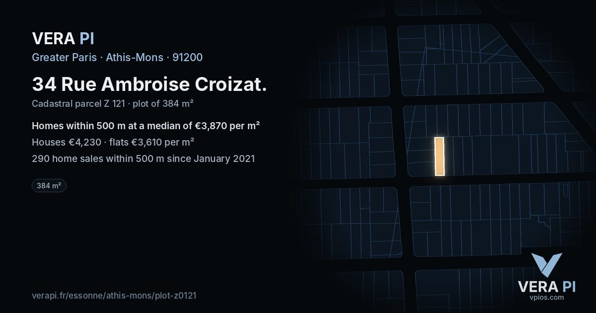 34 Rue Ambroise Croizat, Athis-Mons at night – the plot lit, the parcels around coloured by the prices near them