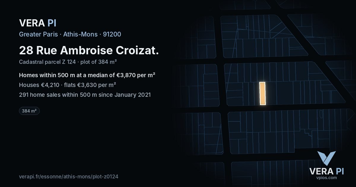 28 Rue Ambroise Croizat, Athis-Mons at night – the plot lit, the parcels around coloured by the prices near them