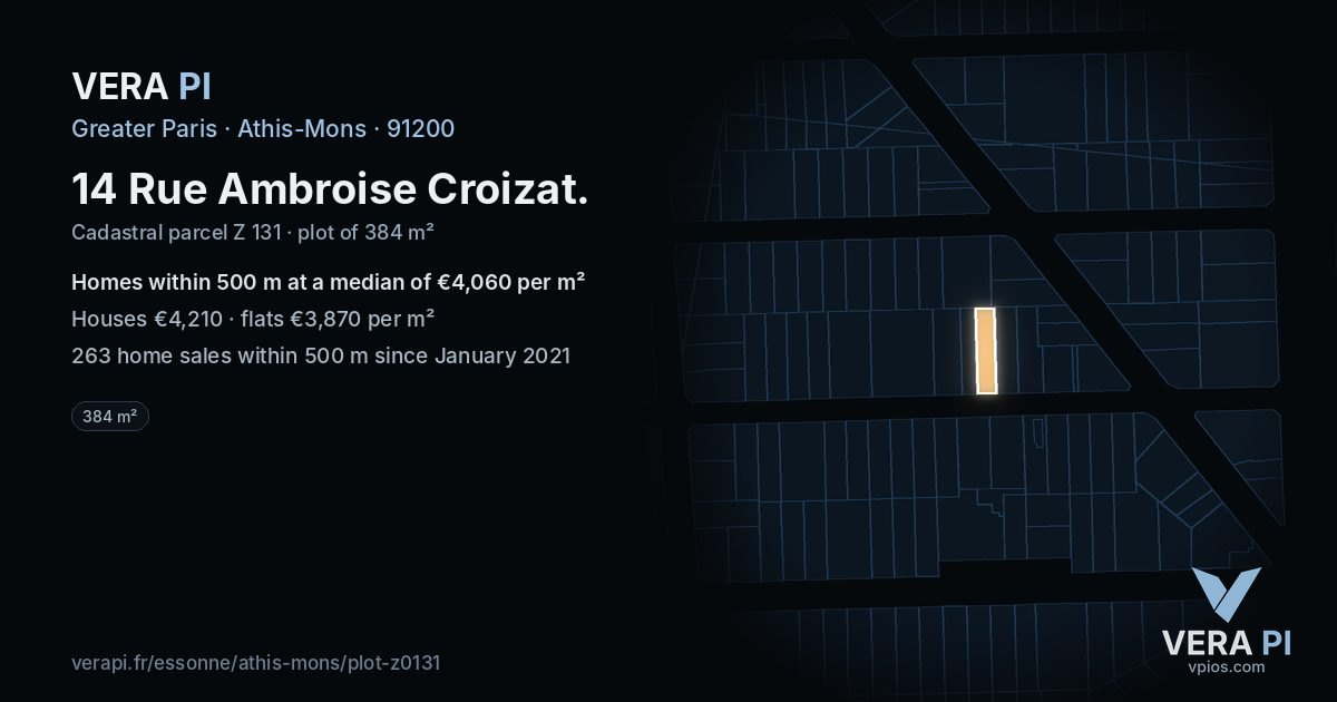 14 Rue Ambroise Croizat, Athis-Mons at night – the plot lit, the parcels around coloured by the prices near them