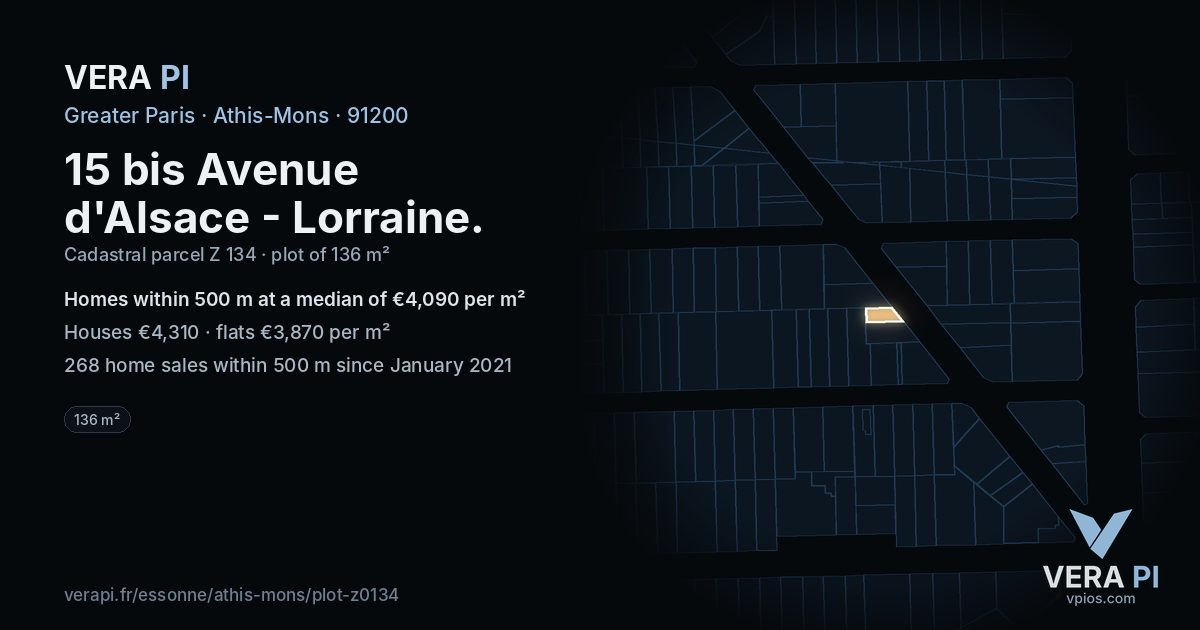 15 bis Avenue d'Alsace - Lorraine, Athis-Mons at night – the plot lit, the parcels around coloured by the prices near them