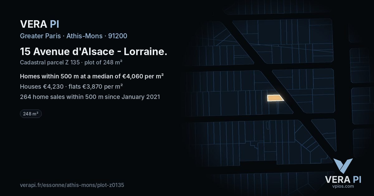 15 Avenue d'Alsace - Lorraine, Athis-Mons at night – the plot lit, the parcels around coloured by the prices near them