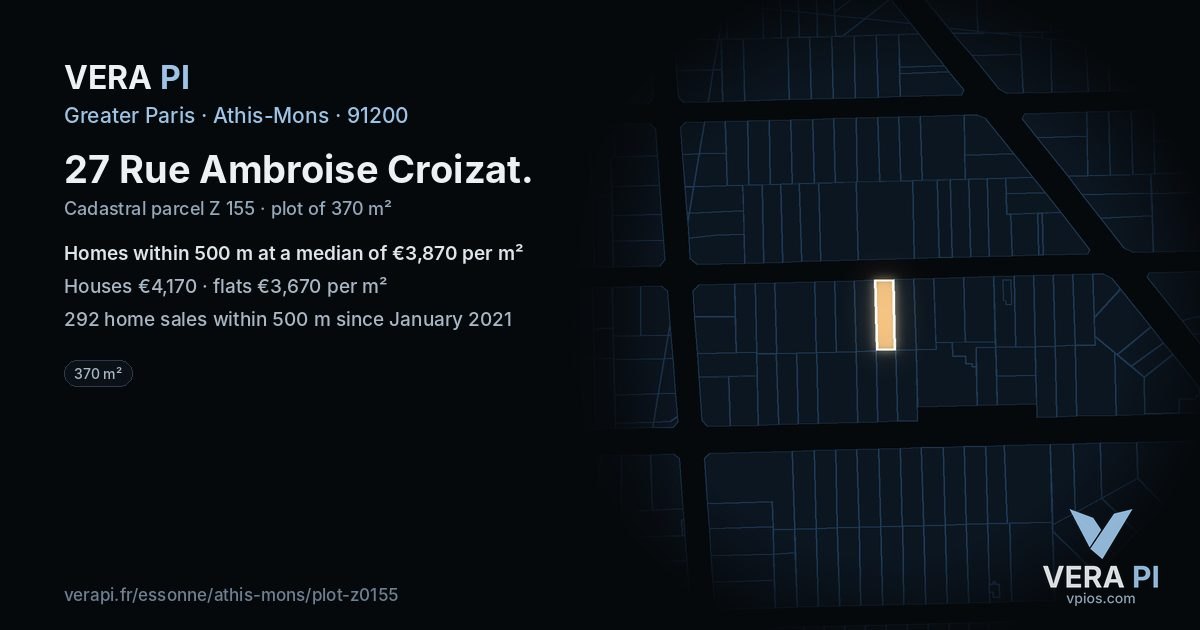 27 Rue Ambroise Croizat, Athis-Mons at night – the plot lit, the parcels around coloured by the prices near them