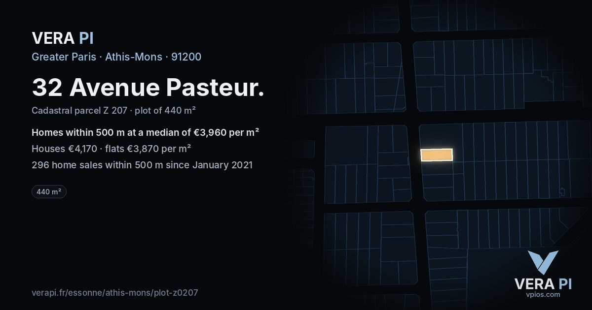 32 Avenue Pasteur, Athis-Mons at night – the plot lit, the parcels around coloured by the prices near them
