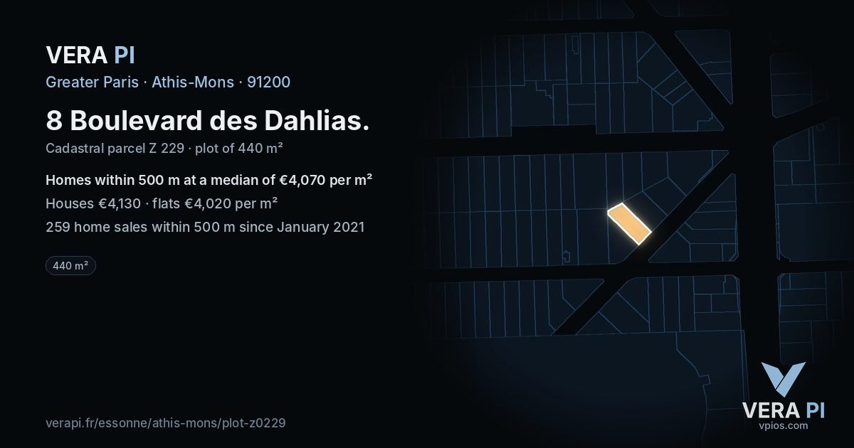 8 Boulevard des Dahlias, Athis-Mons at night – the plot lit, the parcels around coloured by the prices near them