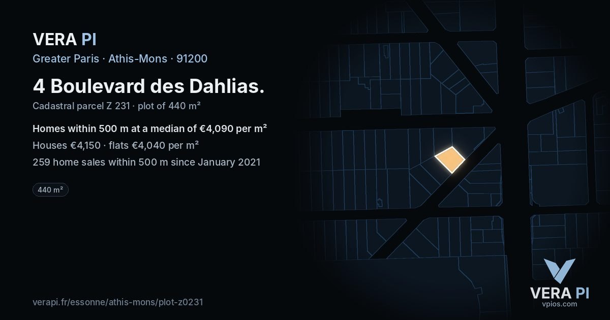 4 Boulevard des Dahlias, Athis-Mons at night – the plot lit, the parcels around coloured by the prices near them