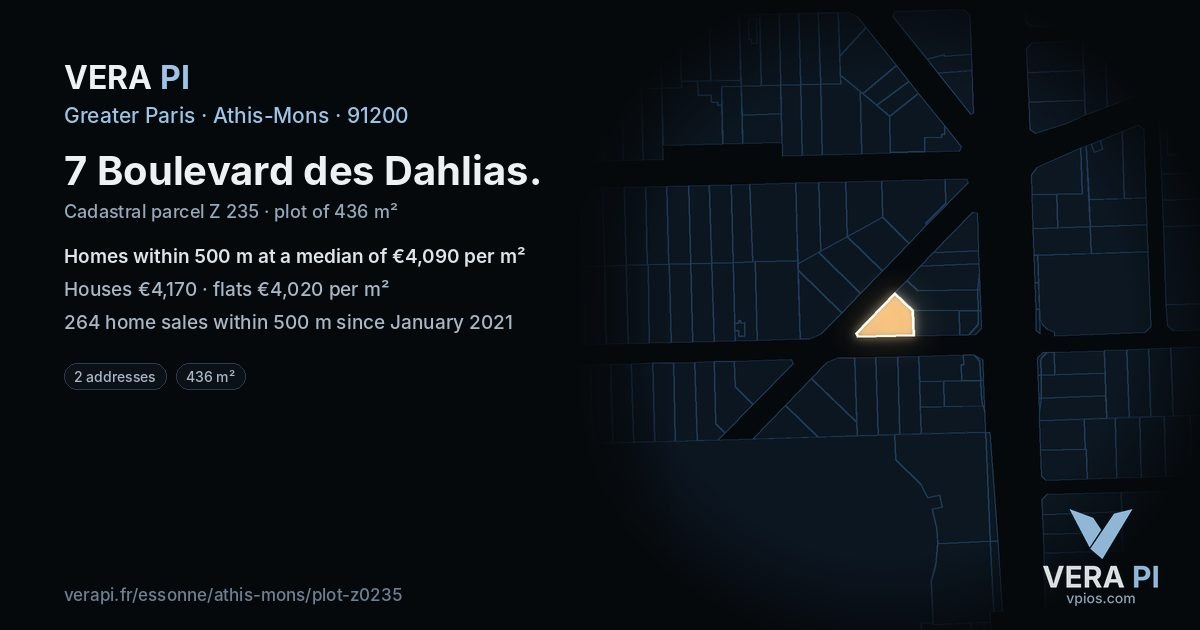 7 Boulevard des Dahlias, Athis-Mons at night – the plot lit, the parcels around coloured by the prices near them