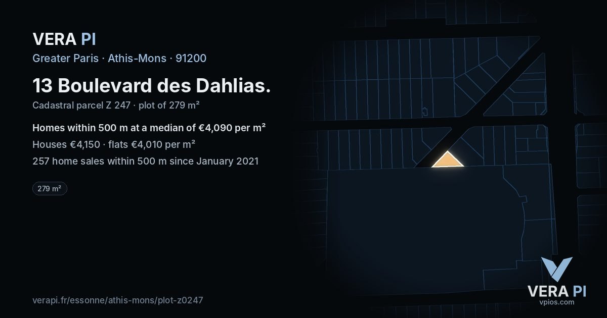 13 Boulevard des Dahlias, Athis-Mons at night – the plot lit, the parcels around coloured by the prices near them