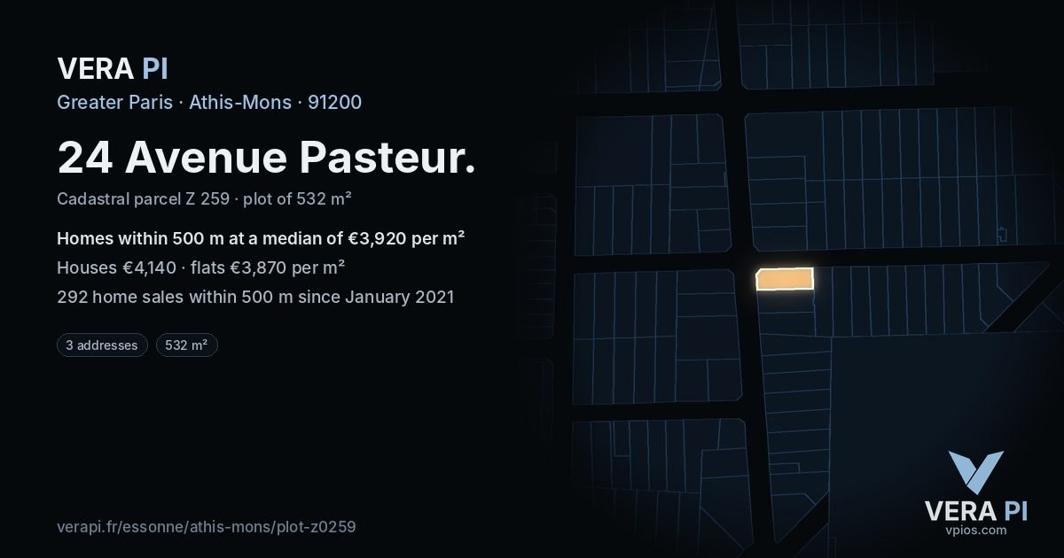 24 Avenue Pasteur, Athis-Mons at night – the plot lit, the parcels around coloured by the prices near them