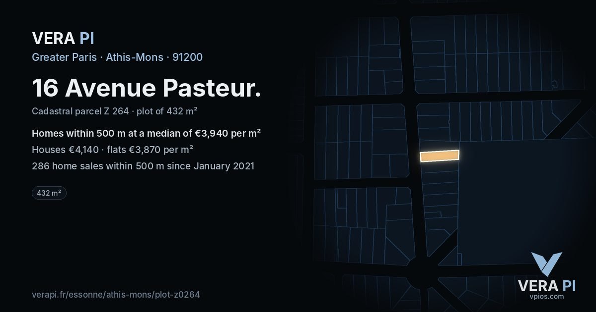 16 Avenue Pasteur, Athis-Mons at night – the plot lit, the parcels around coloured by the prices near them
