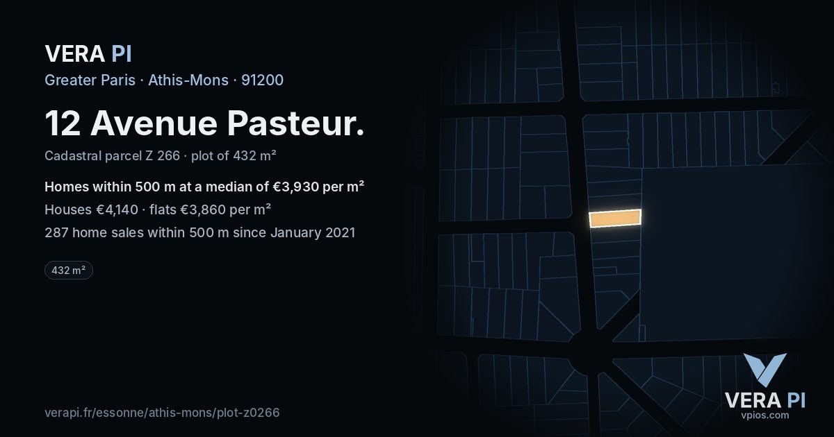 12 Avenue Pasteur, Athis-Mons at night – the plot lit, the parcels around coloured by the prices near them