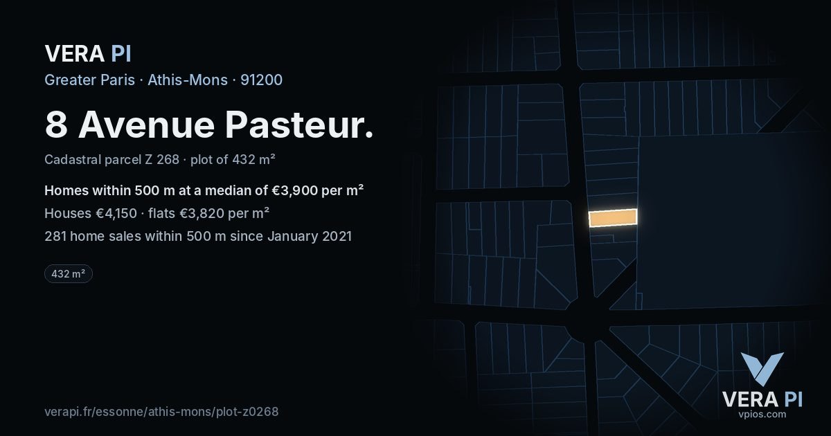 8 Avenue Pasteur, Athis-Mons at night – the plot lit, the parcels around coloured by the prices near them