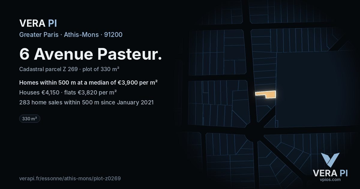 6 Avenue Pasteur, Athis-Mons at night – the plot lit, the parcels around coloured by the prices near them