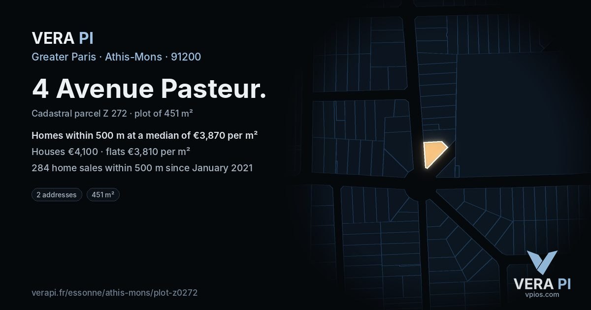 4 Avenue Pasteur, Athis-Mons at night – the plot lit, the parcels around coloured by the prices near them