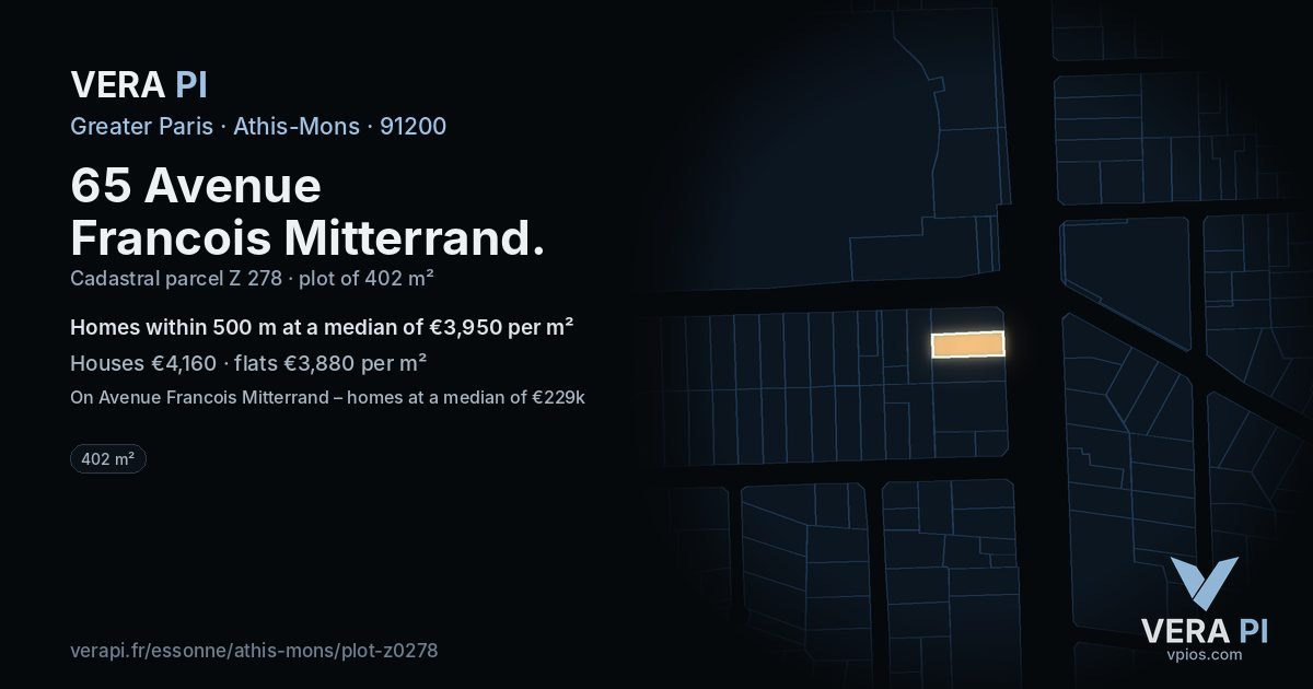 65 Avenue Francois Mitterrand, Athis-Mons at night – the plot lit, the parcels around coloured by the prices near them