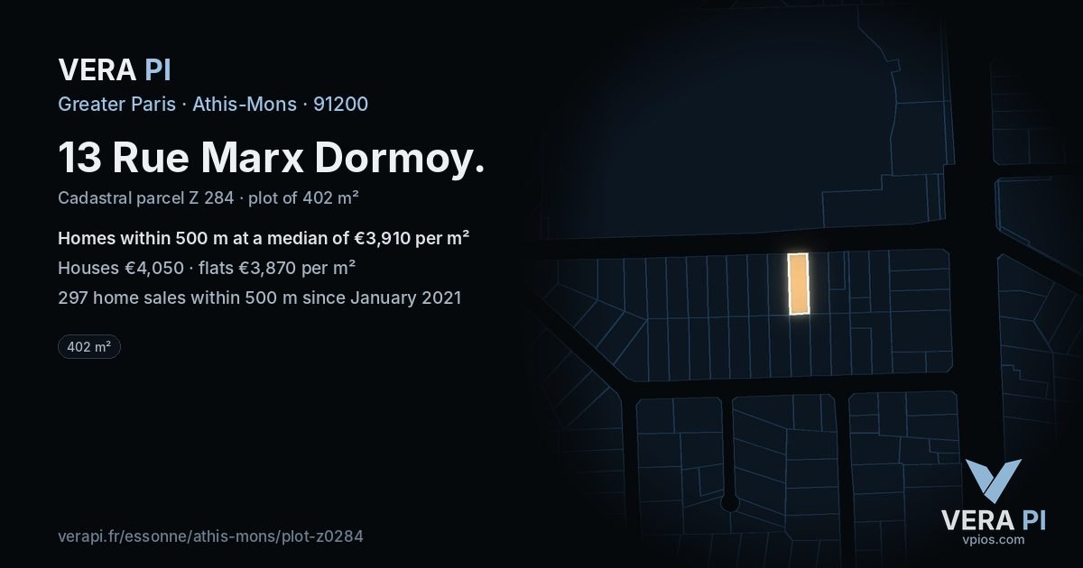 13 Rue Marx Dormoy, Athis-Mons at night – the plot lit, the parcels around coloured by the prices near them