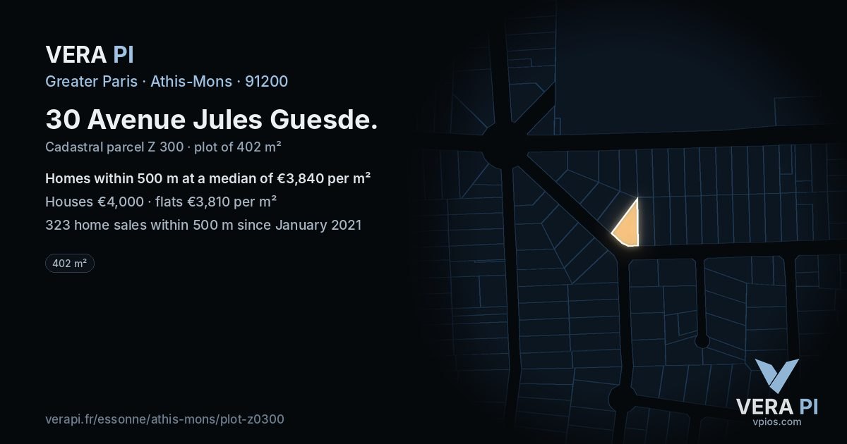 30 Avenue Jules Guesde, Athis-Mons at night – the plot lit, the parcels around coloured by the prices near them