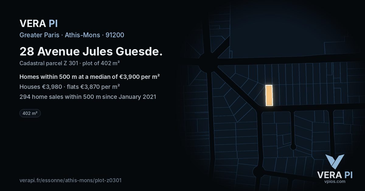 28 Avenue Jules Guesde, Athis-Mons at night – the plot lit, the parcels around coloured by the prices near them