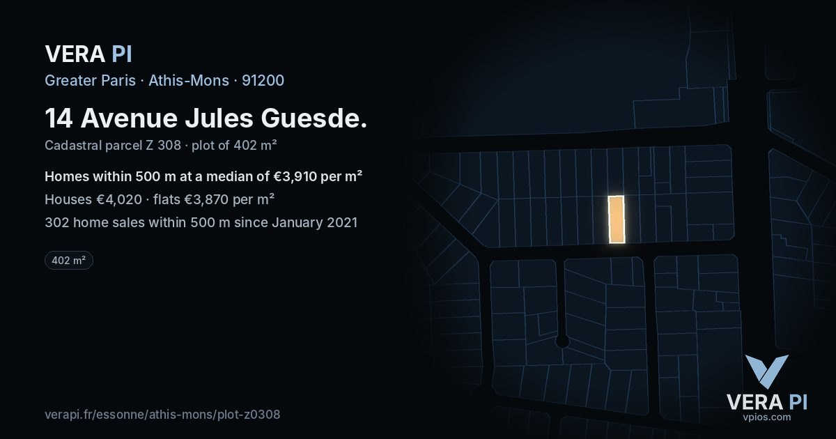 14 Avenue Jules Guesde, Athis-Mons at night – the plot lit, the parcels around coloured by the prices near them