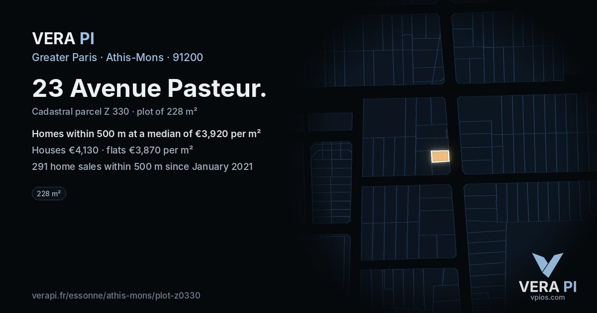 23 Avenue Pasteur, Athis-Mons at night – the plot lit, the parcels around coloured by the prices near them