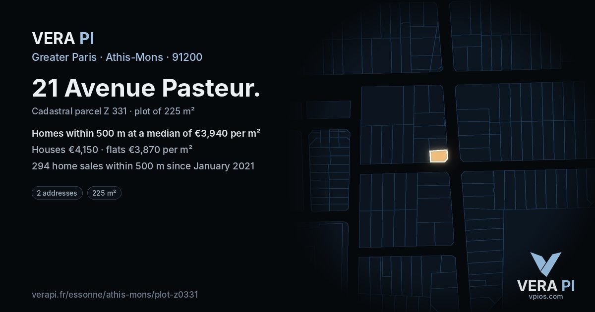 21 Avenue Pasteur, Athis-Mons at night – the plot lit, the parcels around coloured by the prices near them
