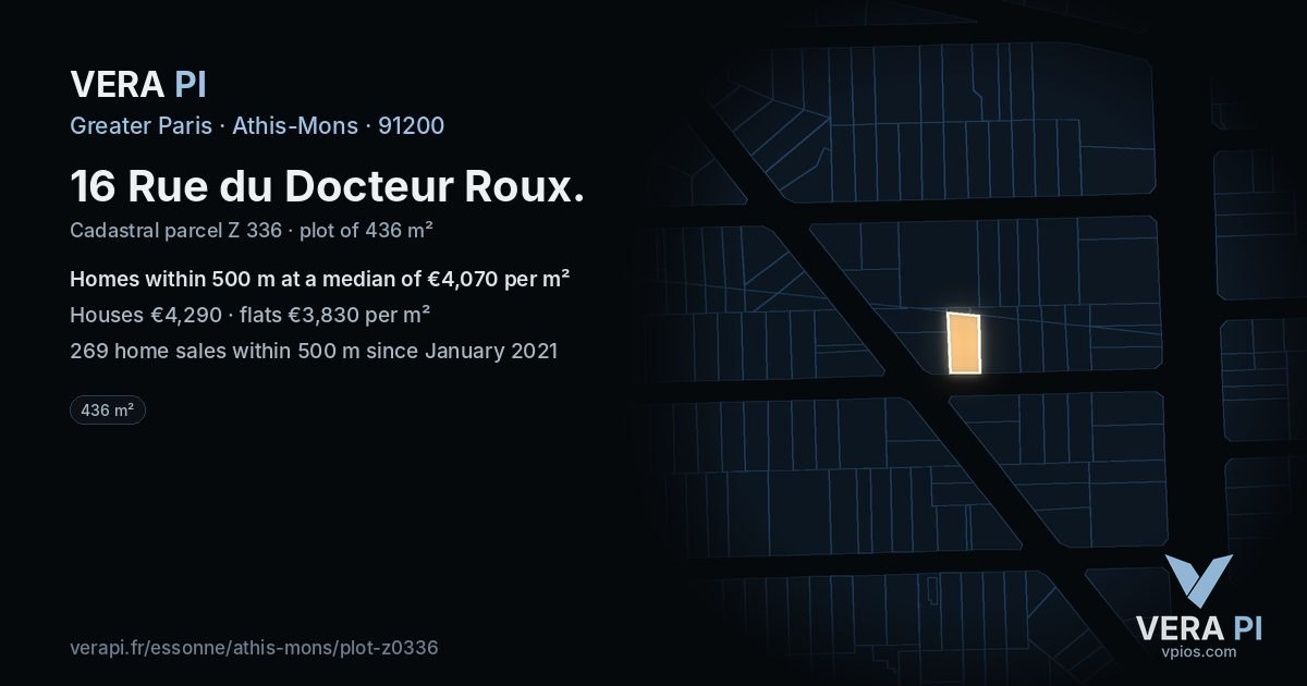 16 Rue du Docteur Roux, Athis-Mons at night – the plot lit, the parcels around coloured by the prices near them
