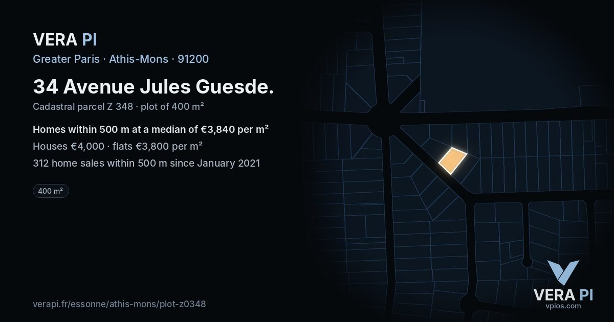 34 Avenue Jules Guesde, Athis-Mons at night – the plot lit, the parcels around coloured by the prices near them