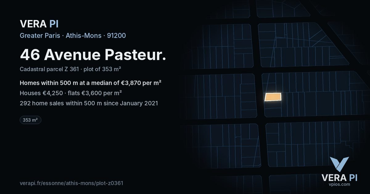 46 Avenue Pasteur, Athis-Mons at night – the plot lit, the parcels around coloured by the prices near them