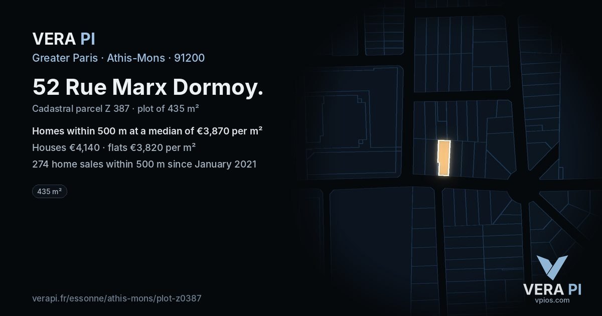 52 Rue Marx Dormoy, Athis-Mons at night – the plot lit, the parcels around coloured by the prices near them