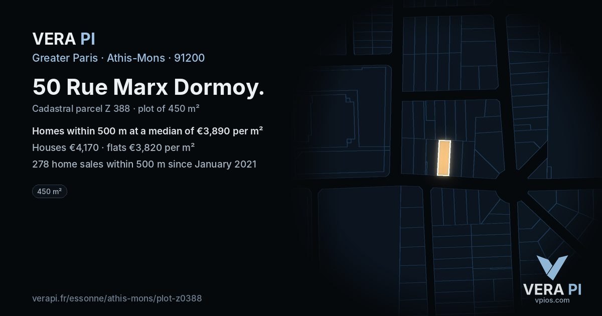 50 Rue Marx Dormoy, Athis-Mons at night – the plot lit, the parcels around coloured by the prices near them