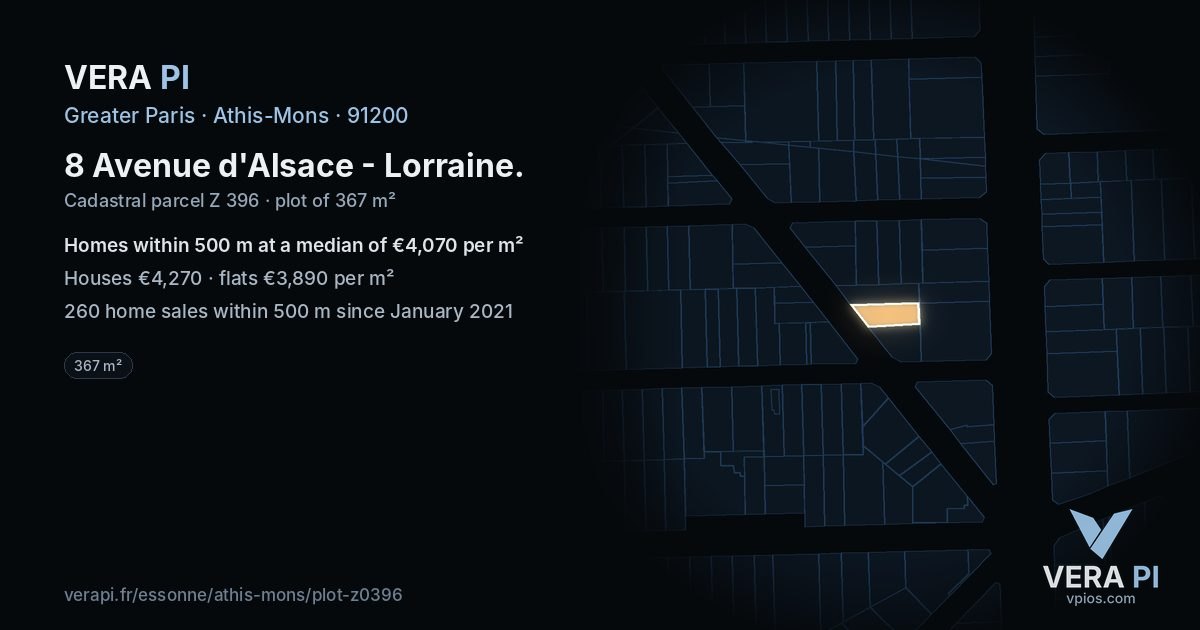 8 Avenue d'Alsace - Lorraine, Athis-Mons at night – the plot lit, the parcels around coloured by the prices near them
