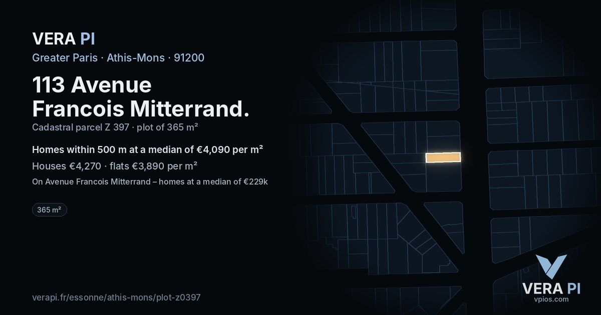 113 Avenue Francois Mitterrand, Athis-Mons at night – the plot lit, the parcels around coloured by the prices near them