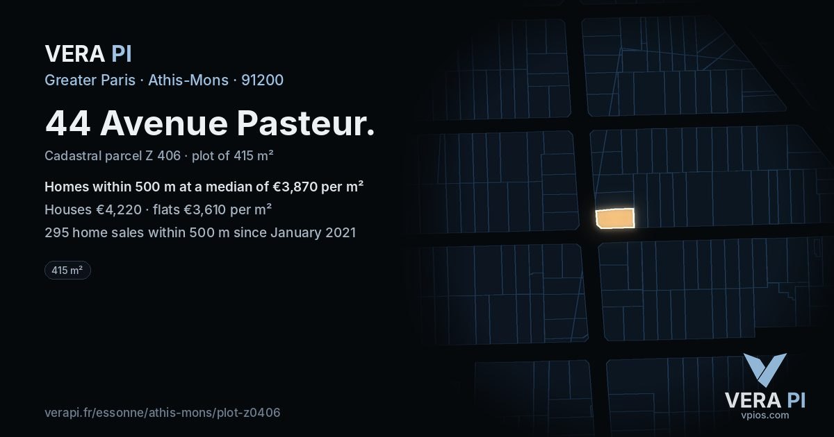 44 Avenue Pasteur, Athis-Mons at night – the plot lit, the parcels around coloured by the prices near them