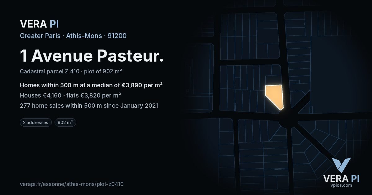 1 Avenue Pasteur, Athis-Mons at night – the plot lit, the parcels around coloured by the prices near them
